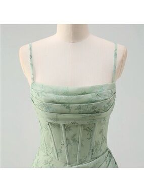 Soft Mint Floral Corset Maxi Dress with Spaghetti Straps